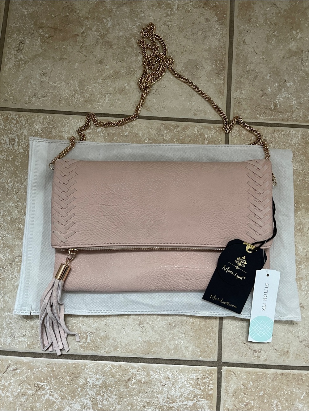 Moda Luxe Blush Fold-Over Clutch with Tassel and Chain